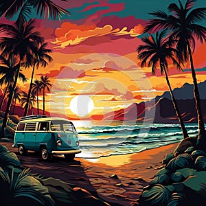 Van on a tropical sandy beach, palm trees and sea waves. Sunset colors, retro style. AI