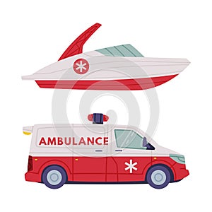 Van or Truck with Siren and Motor Boat as Ambulance Emergency Rescue Service Vehicle and Medical Care Transport Vector