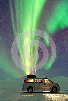 Van under the Aurora Borealis