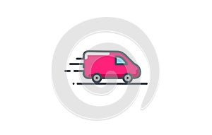 Van vector icon. Delivery service logo isolated on white. Moving car line outline colored filled thin sign flat design.