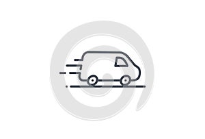 Van vector icon. Delivery service logo isolated on white. Moving car line outline thin sign flat design