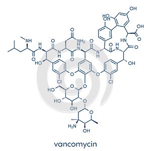 Vancomycin antibiotic drug glycopeptide class molecule. Skeletal formula.