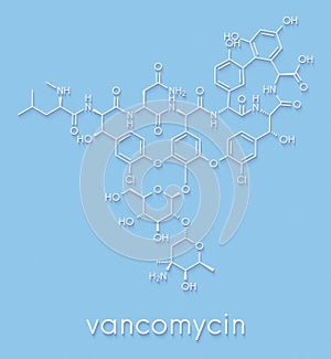 Vancomycin antibiotic drug glycopeptide class molecule. Skeletal formula.