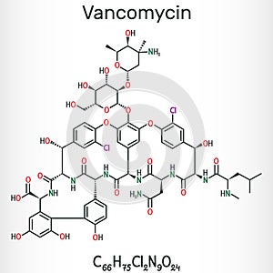 Vancomycin molecule. It is an antibiotic used to treat bacterial infections. Structural chemical formula