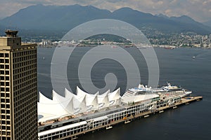 Vancouver, BC Canada Overlooking downtown Vancouver from Top of Vancouver Revolving Restaurant during sunset in summer