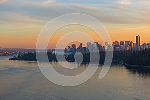 Vancouver BC Canada Skyline and Stanley Park at Sunset