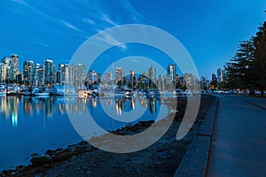 Vancouver BC Skyline along Stanley Park Seawall in Canada