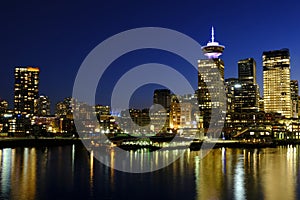 Vancouver British Columbia Canada City Skyline at Night Reflected in Water