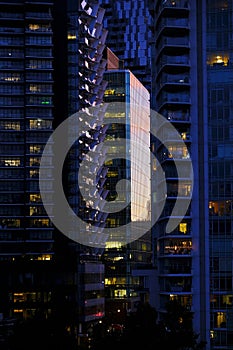 Vancouver British Columbia Canada City Skyline at Night Skyscraper Buildings Lights and Sky