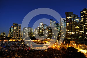 Vancouver British Columbia Canada City Skyline at Night Skyscraper Buildings Lights and Sky