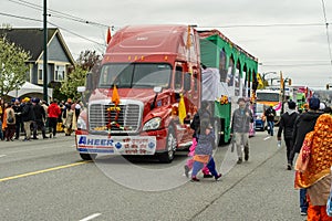 VANCOUVER, CANADA - April 14, 2018: decorated truck on the street during annual Indian Vaisakhi Parade