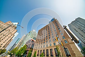 Vancouver, Canada - August 10, 2017: Buildings and streets of city center on a summer day