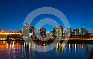 Vancouver city skyline at night, British Columbia, Canada.