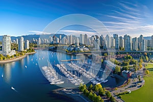 Vancouver cityscape, Vancouver, America, Aerial Panorama of Downtown City at False Creek, Vancouver, British Columbia, Canada, AI