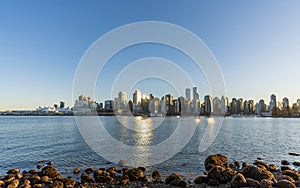 Vancouver downtown skyline panoramic view in dusk. British Columbia, Canada.