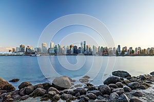 Vancouver downtown skyline panoramic view at sunset time. Canada.