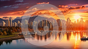 Vancouver downtown skyline at sunset, Vancouver, America, Beautiful view of Vancouver, British Columbia, Canada, AI Generated