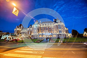 VANCOUVER ISLAND, CANADA - AUGUST 14, 2017: The Empress Hotel at night, medieval building in Victoria Harbour