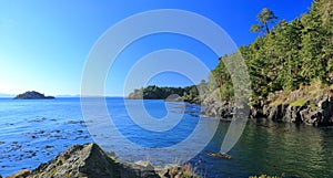 Vancouver Island Coast Landscape Panorama of Iron Mine Bay from Cabin Point, East Sooke Regional Park, British Columbia, Canada