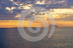 Vancouver Island and Gulf islands from the ocean at sunset time