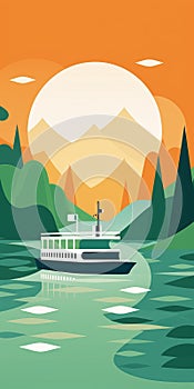 Vancouver School Inspired Flat Illustration Of Small Boat Sailing On River
