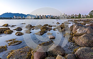 Vancouver skyline at blue hour as seen from Kitsilano beach