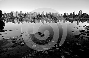 Vancouver skyline near Stanley Park and marina, black and white