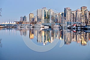 Vancouver Skyline and reflection in calm water.