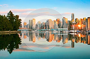 Vancouver skyline with Stanley Park at sunset, British Columbia, Canada