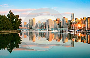 Vancouver skyline with Stanley Park at sunset, British Columbia, Canada photo