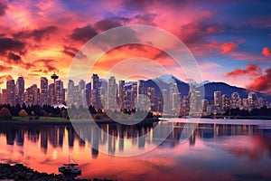 Vancouver Skyline at sunset, Vancouver, America, Beautiful view of downtown Vancouver skyline, British Columbia, Canada, AI