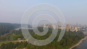 Vancouver sunset skyline from Stanley Park, aerial view