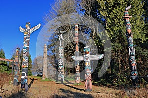 Vancouver with West Coast Totem Poles in Stanley Park in Evening Light, British Columbia, Canada