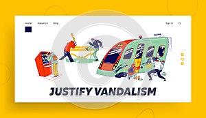 Vandalism and Anger Landing Page Template. Teenagers Characters Graffiti Painting on Metro Train, Breaking Bench