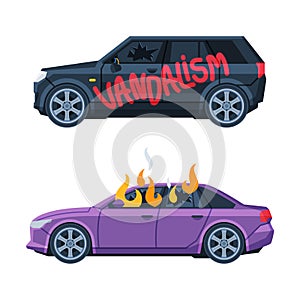 Vandalism with Car Flaming and Glass Broken as Damage of Private Property Vector Set