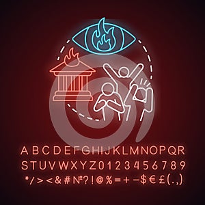 Vandalism neon light concept icon. Civil unrest, property damage idea. Glowing sign with alphabet, numbers and symbols photo