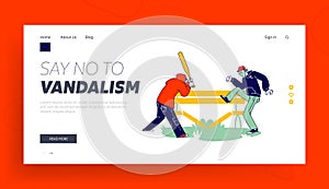 Vandalism, Violence and Teen Aggression Landing Page Template. Aggressive Male Characters with Hidden Faces