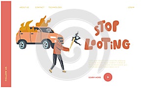 Vandalism, Violence and Teen Aggression Landing Page Template. Looter Male Character with Hidden Face and Baseball Bat