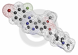 Vandetanib cancer drug molecule (kinase inhibitor). Atoms are represented as spheres with conventional color coding: hydrogen (