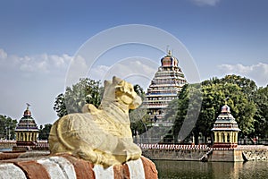 Vandiyur Mariamman temple with Nandi in front located inside a lake in Madurai, India