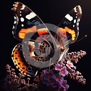 Vanessa Atalanta butterfly isolated on black background. Insects in nature. AI generated