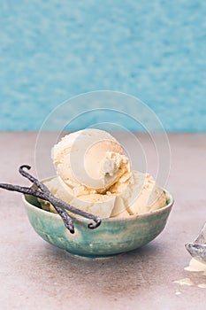 Vanilla bean ice cream in a ceramic rustic bowl