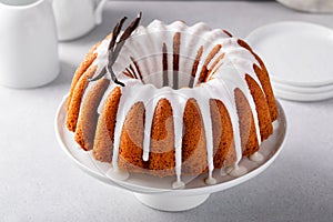 Vanilla bundt cake drizzled with powder sugar glaze