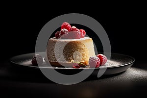 Vanilla cake with a dollop of raspberry compote on sleek black plate on dark background, generative AI