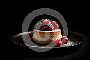 Vanilla cake with dollop of raspberry compote on a sleek black plate on dark background, generative AI