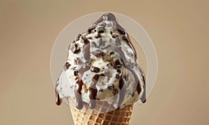 Vanilla and chocolate ice cream in a cone with melting chocolate topping, pastel background