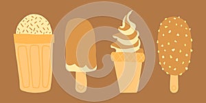 Vanilla and chocolate ice cream set with cones, popsicles, and soft serve, featuring nuts and heart details, vector art on brown