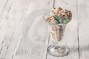 Vanilla-chocolate ice cream in a sundae glass