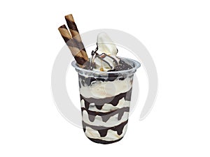 Vanilla Chocolate Ice Cream Sundae isolated on White Background