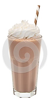 Vanilla chocolate milkshake in a glass with whipped cream isolated